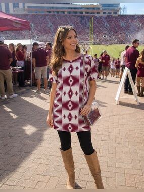 Aztec Print Tunic Dress Burgundy Ivory XS Silky Lined Boho